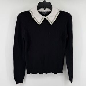 On 12th Women Black Ribbed Knit Sweater Pearl Rhinestone Embellished Collar S